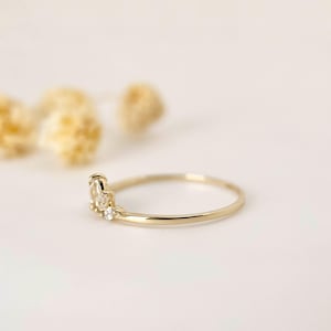 Puede incluir: Un delicado anillo de oro con un dise&ntilde;o curvo. El anillo presenta un grupo de peque&ntilde;as piedras preciosas claras en la parte superior, agregando un toque de brillo. La banda es delgada y pulida, creando una est&eacute;tica minimalista y elegante. El anillo est&aacute; sobre un fondo suave y neutro.