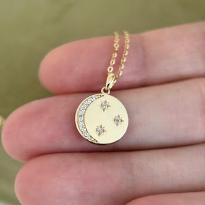 9K Solid Gold Star and Moon Round Pendant Necklace, 14K Gold Cable Chain Necklace