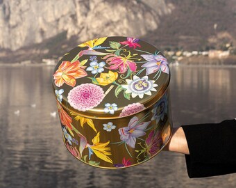 Luxury "Flora" tin box with floral print - gold - 91 units - round - 24.7 x 16.1 cm - food - gift - made in Italy