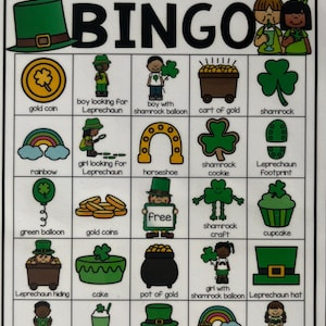 Op de afbeelding: St. Patrick's Day Bingokaart met afbeeldingen van gouden munten, kabouters, klavers en regenbogen. De kaart bevat ook de tekst "ST. PATRICK'S DAY BINGO" bovenaan. De afbeeldingen staan in een raster, waarbij elk vak een ander symbool bevat.