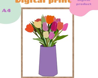 Colorful Tulip Bouquet Printable Wall Art – A4 Digital Download – Modern Floral Vase Illustration