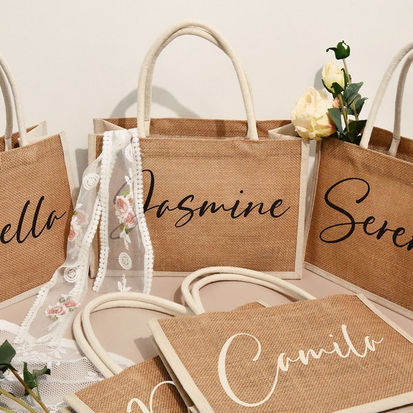 Gepersonaliseerde bruidsmeisjestassen, jute tas met naam, monogram strand draagtas, aangepaste jute tas, jute tas, bruidsmeisje geschenken, huwelijksgunsten