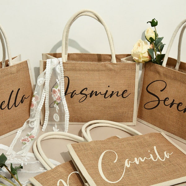 Bolsos de dama de honor personalizados, tote de arpillera con nombre, bolso de mano de playa con monograma, bolso de arpillera personalizado, bolsa de yute, regalos de dama de honor, favores de boda