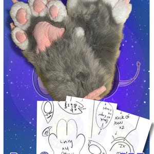May include: A gray and white furry paw with pink pads and claws, labeled "Feline Flair Fursuits." Below the paw are pattern diagrams and the text "Downloadable PDF Pattern."