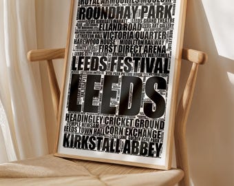 May include: Black and white word cloud art print featuring the word "LEEDS" in large, bold letters surrounded by smaller words related to the city of Leeds, England. The words include landmarks, attractions, and places of interest.