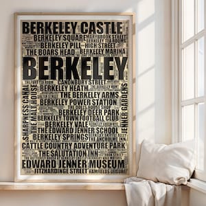 May include: A black and gold word cloud poster with the word "Berkeley" in large, bold letters. The poster features a list of places and landmarks in Berkeley, California.