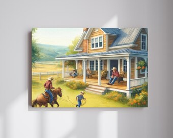 May include: A painting of a yellow farmhouse with a wraparound porch. A man on horseback rides past a boy holding a rope. The farmhouse has a green roof and white trim. There are flowers in pots on the porch.