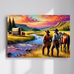 Rustic Landscape Canvas Art, Western Decor, Cowboy Print, Country Home Wall Art, Nature Scene for Living Room, Horse Lover Gift