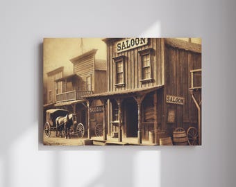 May include: A sepia-toned photograph of a vintage Western saloon with a horse-drawn carriage in front. The saloon has a wooden facade with the word "SALOON" written above the entrance. The carriage is a two-wheeled cart with a horse pulling it.