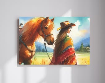 Cowgirl & Horse Canvas Print: Western Equestrian Wall Art