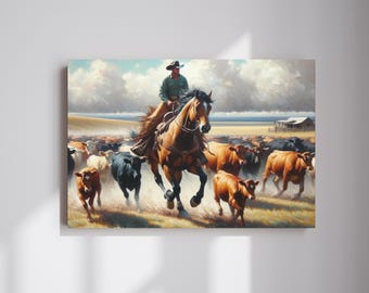 May include: A cowboy on horseback rides through a field, herding a brown and black cattle herd. The cowboy wears a hat and a green shirt. The horse is brown with a black mane and tail. The sky is cloudy and the field is green.