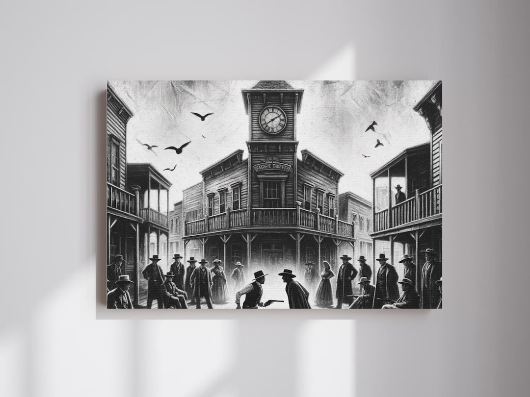 Wild West Black and White Canvas Wall Art, Vintage Southwestern Town ...