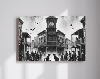 May include: A black and white illustration of a Western town square with a clock tower in the center.  The clock tower has a clock face with Roman numerals.  There are several buildings surrounding the square, and a group of people are standing in the street.  The people are all wearing hats and coats, and some are holding guns.  The illustration is in a dark and moody style.