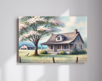 Farmhouse Canvas Wall Art, Ranch House Country Cottage, Countryside Decor, Gift for Farmers, Rustic Wall Art, Rural Scene Vintage Decor