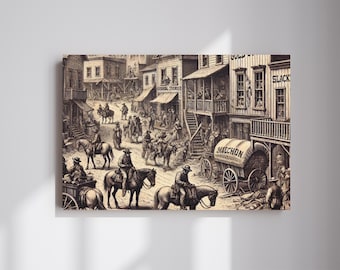 May include: A black and white illustration of a bustling street scene in a Western town. People on horseback and on foot walk past buildings with signs that read "Salchon", "Slack", and "General Store".