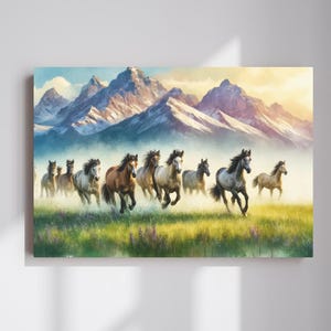 Horses in Alpine Dawn Canvas Wall Art, Horses Herd Wall Art, Mountain Landscape Decor for Equestrian Lovers, Western Wall Art Decor, Canvas
