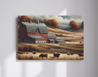 Highland Cow Canvas Art: Barnyard Autumn Scene, Farmhouse Decor