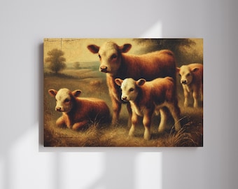 Highland Calves Canvas Wall Art, Rustic Decor Living Room, Highland Cow Canvas Print, Farmhouse  Wall Decor Print, Housewarming Home Gift