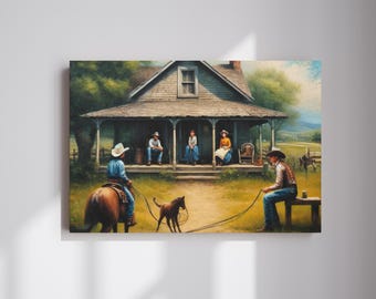 May include: A painting of a rustic farmhouse with a porch. Four people are sitting on the porch, and two cowboys are in the yard. One cowboy is on horseback, and the other is holding a rope. A small brown and white calf is running in the yard.
