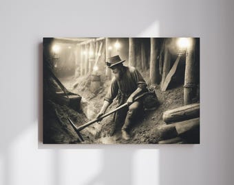 Miners Canvas Wall Art, Historical Mining Scene Wall Art, Western Miner Art Prints, Mining Lantern Wall Art for Housewarming Gift Ideas