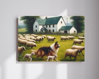 May include: A brown and white border collie herding a flock of sheep in a field. The sheep are white with brown markings. The dog is running towards the viewer with its tongue out. There is a white farmhouse in the background.