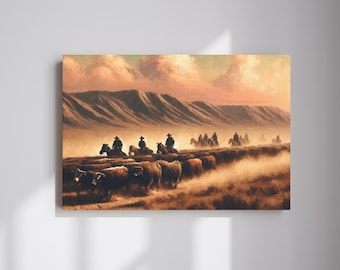 May include: A painting depicting a group of cowboys on horseback driving a herd of cattle across a dusty plain. The sky is a warm orange and pink, with clouds in the distance. The cowboys are silhouetted against the setting sun.