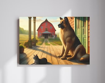 May include: A German Shepherd dog sits on a wooden porch, looking out at a red barn in the distance. A gray tabby cat sits on the porch, looking at the dog. The scene is painted in a realistic style.