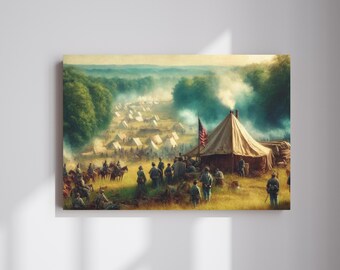 May include: A painting depicting a Civil War encampment with soldiers gathered around a large tent. The tent is white with a red, white, and blue American flag flying from its peak. The soldiers are wearing blue uniforms and are standing in a field with trees in the background.