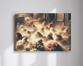 Op de afbeelding: Een groep bruine en witte kippen die in een schuur bij elkaar zijn gedrongen, met een zacht, mistig licht dat de scène verlicht.