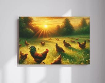 Ranch kip canvas muurkunst, kip in zonsopgang landschap decor, boerenerf dieren vintage muurkunst, haan decor voor housewarming cadeau