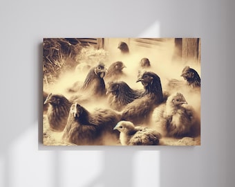 May include: Sepia-toned image of a flock of chickens in a barn setting. The chickens, varying in size, are huddled together, some partially obscured by a hazy, dusty atmosphere. The scene evokes a sense of warmth and rustic charm.