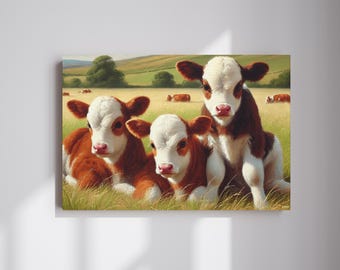 May include: Three brown and white calves with white faces are lying in a field of green grass. The calves are looking at the camera. The field is surrounded by trees and a blue sky.