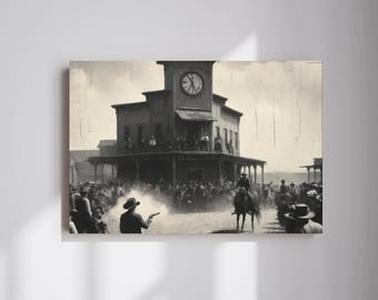 Old West Vintage Home Decor, Cowboy Black and White Canvas Wall Art, Housewarming Gift, Country Home Decor, Decorative Vintage Wall Art