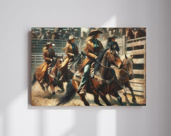 May include: Four women in cowboy hats ride horses in a rodeo arena. The women are wearing colorful shirts and jeans, and the horses are brown and black. The women are riding in a line, and the horses are all facing the same direction. The women are smiling and looking ahead.