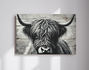 Highland Cow Canvas Wall Art, Black & White Animal Painting Cow Print, Highland Cattle Gift, Highland Cow Print, Decorative Vintage Wall Art