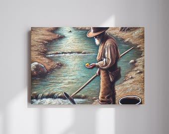 Miners Canvas Print Art, Gold Mining Wall Art, Countryside Miners Canvas Wall Art Decor, Gold Miner Print, Gold Miner Canvas for Living Room