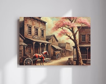 Saloon Canvas Wall Art, Old West Scene in Springtime, Wild West Racnh Decor, Retro Wall Art Good for Housewarming Gift and Living Room Decor