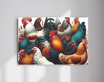 May include: A colorful illustration of a group of chickens and roosters. The roosters have red, orange, and yellow combs and wattles. The chickens have a variety of colors, including white, brown, black, and blue. The chickens are all gathered together in a close-up view.
