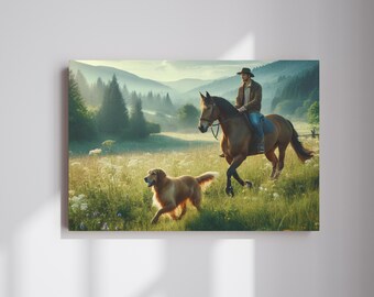Equestrian Canvas Wall Art: Horse & Dog, Rustic Farmhouse Decor