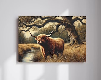 Highland Cow Rustic Farmhouse Artwork, Cow Art Canvas Print, Highland Cow Countryside Decor, Cow Canvas Wall Art, Decorative Vintage Art