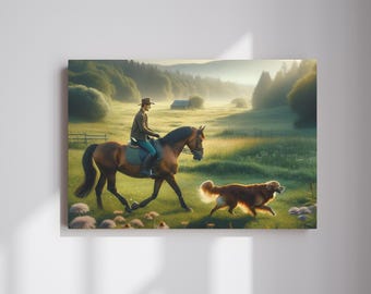 Horseback Riding and Dog Canvas Print, Pet Farm Animals Wall Hanging Art, Dog and Horse Lover Canvas Wall Art, Animal Farmhouse Wall Art