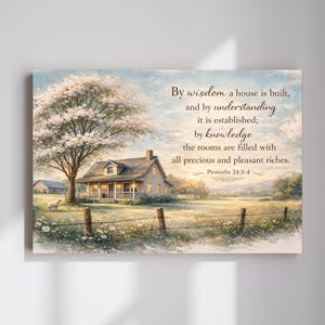 Proverbi 24:3-4, Versetti della Bibbia, Decorazione murale, Decorazione cristiana e rustica per regalo di inaugurazione della casa, Decorazione basata sulla fede