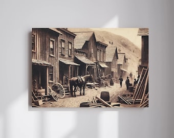 May include: A sepia-toned photograph of a Western town street with wooden buildings, a horse-drawn wagon, and people walking down the street.