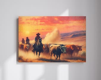 May include: A painting of cowboys on horseback herding cattle at sunset. The cowboys are wearing traditional western clothing and hats. The cattle are brown and white and are moving in a line. The sky is a vibrant orange and pink.