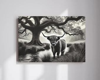 Highland Cow Canvas Print Wall Art, Black and White Wall Decor, Cow Print Farmhouse Decor, Highland Cow Gifts Ideas, Farmhouse Decor Ideas