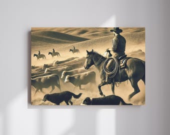 Cowboy Life Canvas Wall Art, Wild West Cowboy Canvas, Vintage Canvas Art, Horse Canvas Print, Housewarming Gift, Old Western Rustic Decor