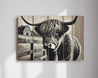 Barnyard Animal, Highland Cow Print Wall Decor, Rustic Home Decor, Country Decor, Highland Cow Artwork Wall Hangings, Highland Cattle Canvas