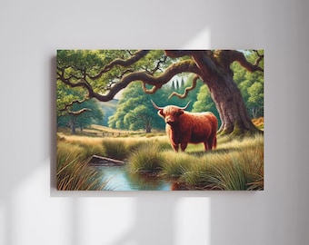 Scottish Highland Canvas Wall Art, Nature and Highland Cow Print Farmhouse Decor, Highland Cattle Print, Rustic Wall Art, Housewarming Gift