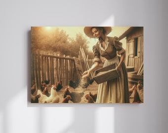 Life in Countryside Canvas Art, Vintage Farmhouse Decor, Chicken Feeding Canvas Art Print, Ranch Chicken Home Decor, Gifts for Chicken Lover