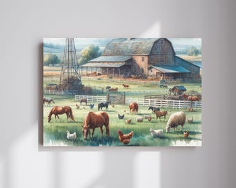 May include: A watercolor painting of a farm scene with a large red barn, a windmill, and a variety of animals including horses, sheep, and chickens. The animals are grazing in a green field.